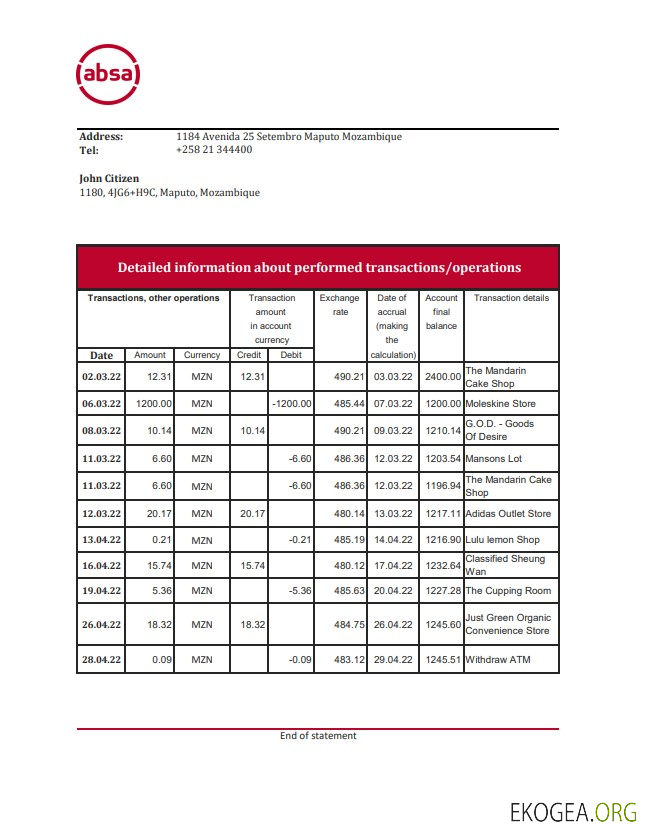 Relevé bancaire ABSA du Mozambique